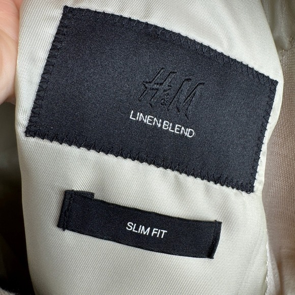 H&M Mens Linen Blazer Slim Fit Blazer Jacket Light Beige Size 44R Preppy Coastal - Picture 3 of 7